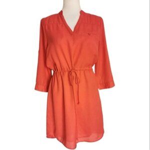 Red long sleeve tie waist dress